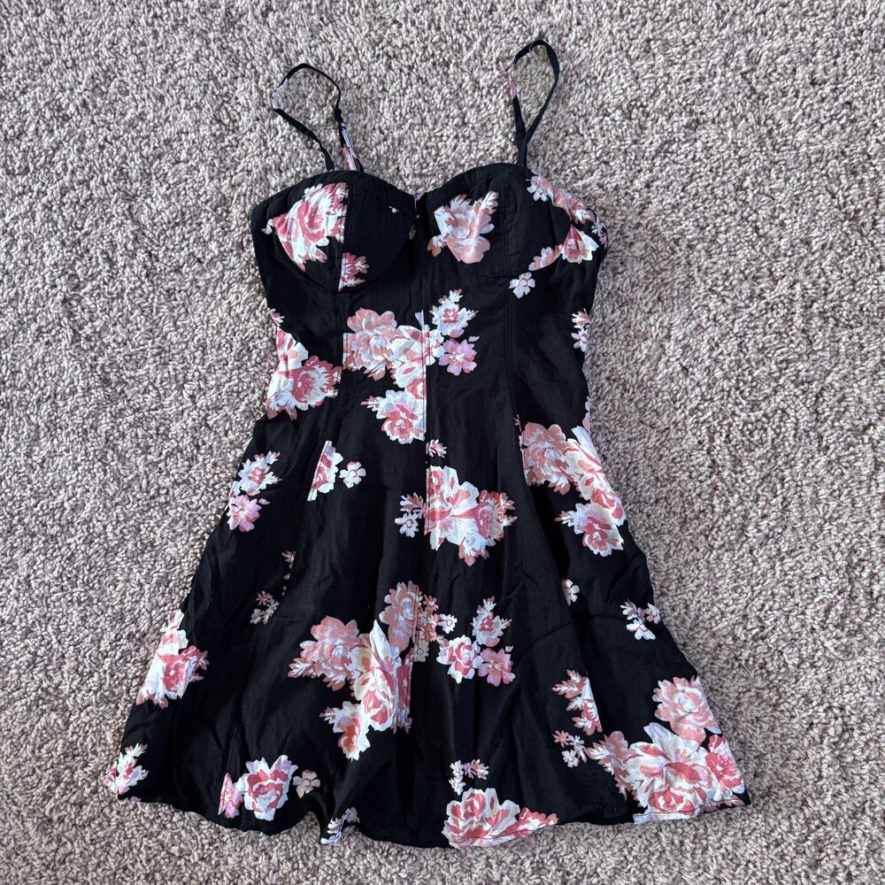 american eagle women size small dress black floral strapless removable straps